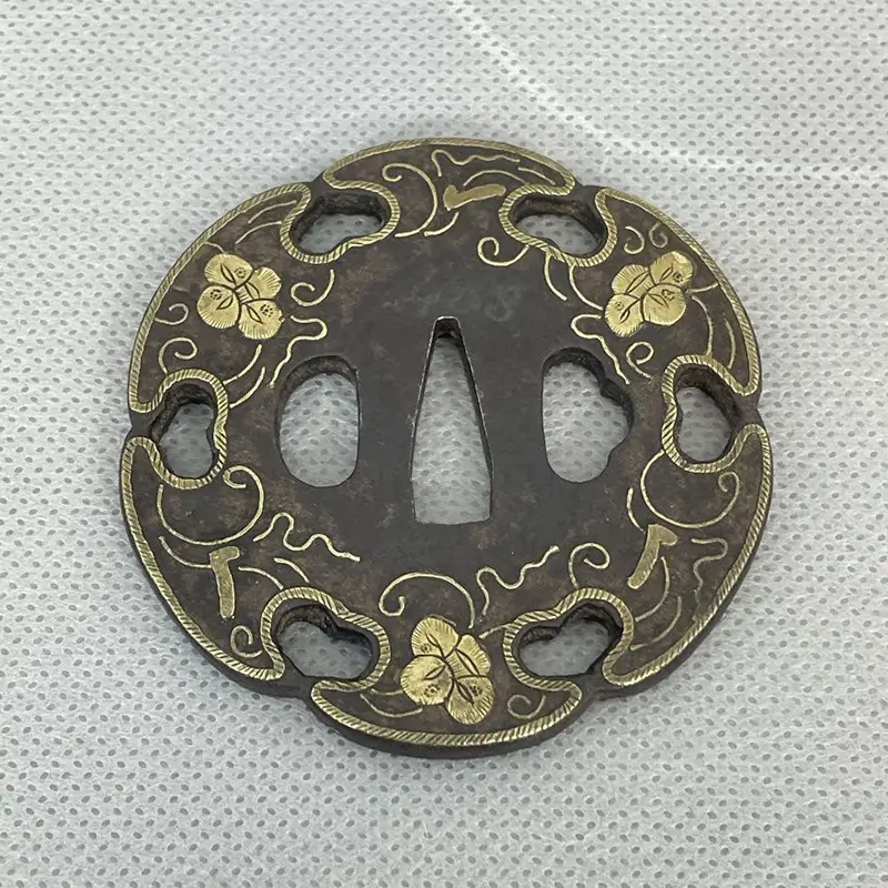 Tsuba Mokko gata en Fer et cuivre doré école Heianjo 7