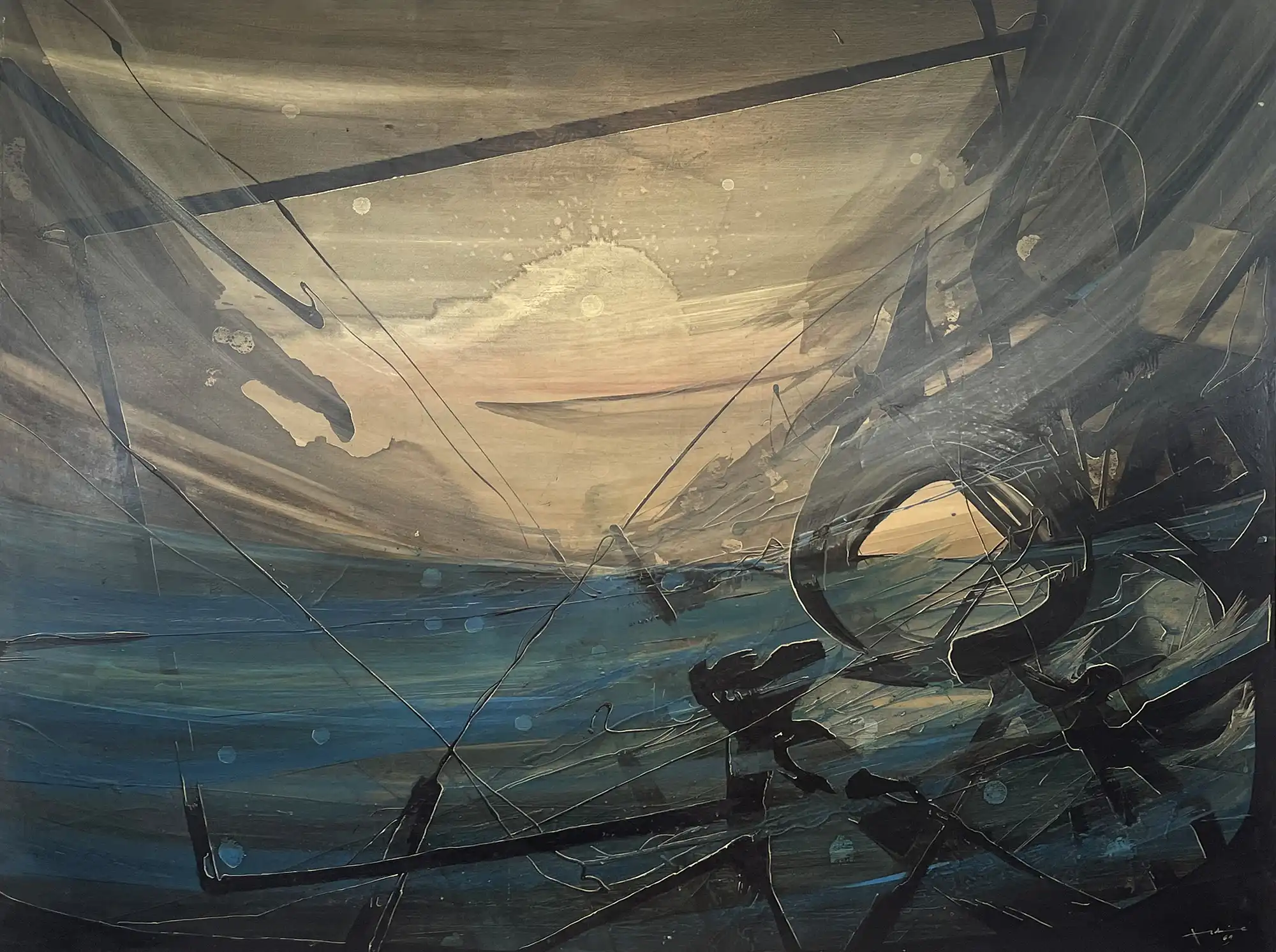 Tableau huile sur toile du peintre franco égyptien Aldine Le Déluge de 1969
